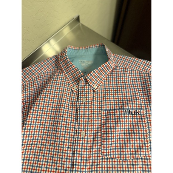 HUK Performance Fishing Button Down Shirt Red Blue Plaid Long Sleeve Men XL - Picture 4 of 16